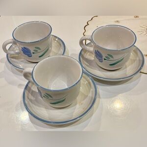 A Set of 3 Vintage Stoneware Teacups/Saucers in Hand Painted Floral Design